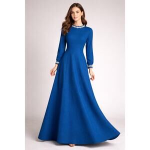 1960s Handmade Cobalt Blue Maxi Dress Embellished Collar Long Sleeve Formal M